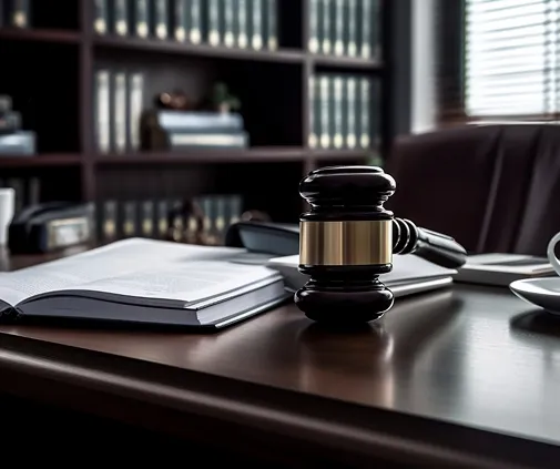 Abogado Revisando Documentos Legales en oficina con martillo de juez